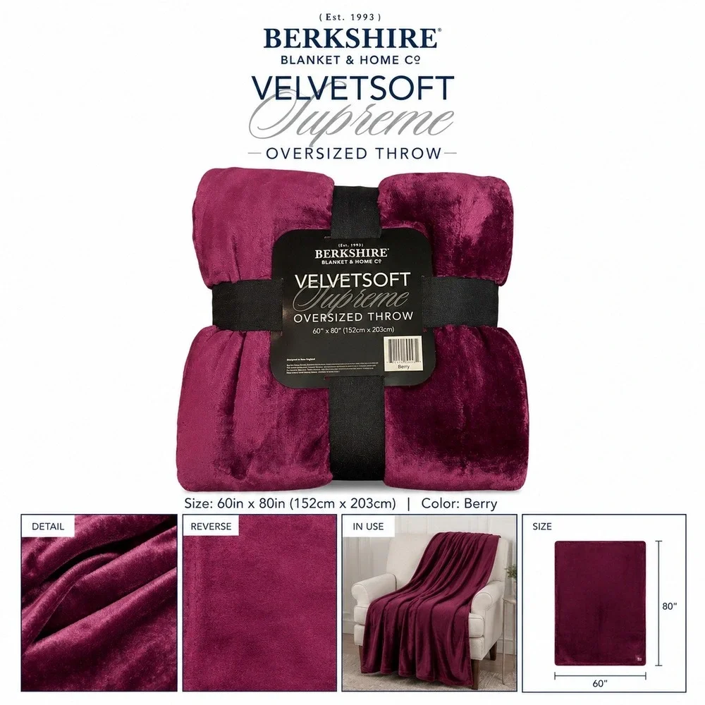 Berkshire Velvetsoft Supreme Oversized Throw Blanket‎ 60x80 Berry Purple NWT